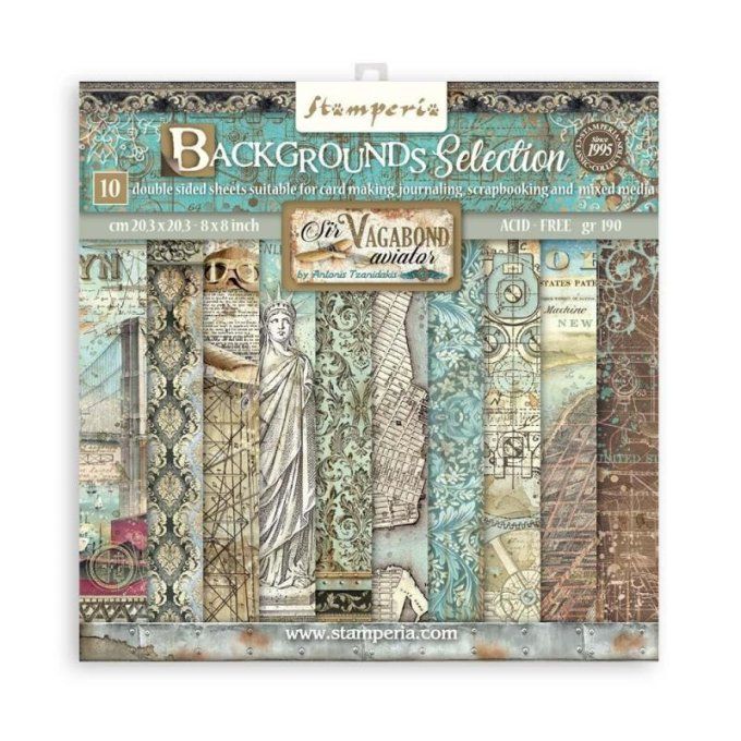 Collection Sir vagabond, aviator, 20x20cm - 10 feuilles motif recto verso - Stamperia - Backgrounds