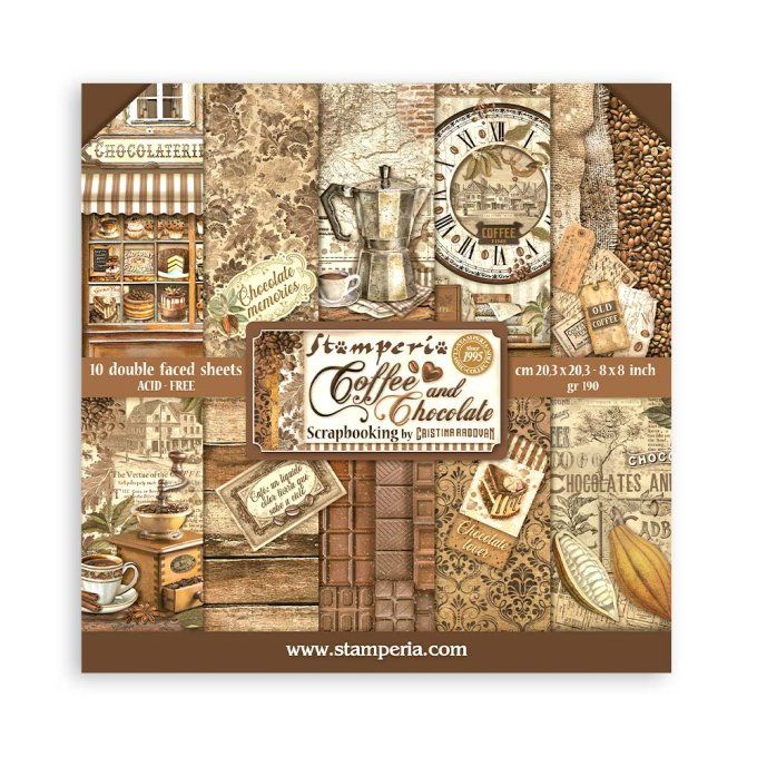 Collection Coffee and chocolate, 20x20cm - 10 feuilles motif recto verso - Stamperia - 190g 