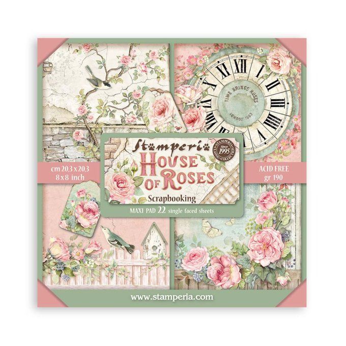 Collection House of roses, 20x20cm - 22 feuilles motif recto - Stamperia - 190g