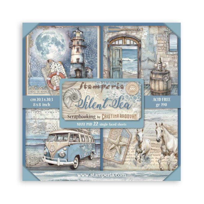 Papier scrapbooking, 20x20cm, Silent sea - Stamperia - 22 feuilles  - motif recto