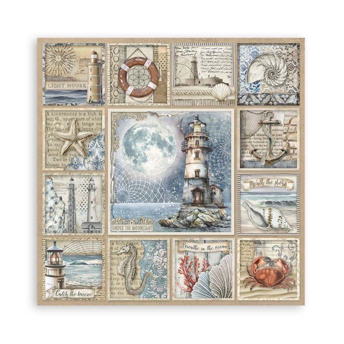 Papier scrapbooking, 20x20cm, Silent sea - Stamperia - 22 feuilles  - motif recto
