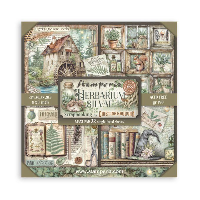 Papier scrapbooking, 20x20cm, Herbarium Silvae - Stamperia - 22 feuilles - motif recto