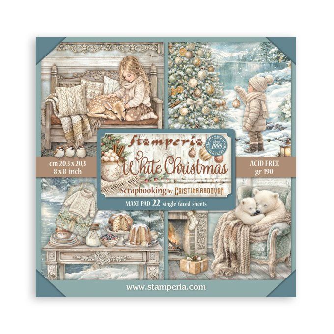 Papier scrapbooking, 20x20cm, White christmas - Stamperia - 22 feuilles  - motif recto