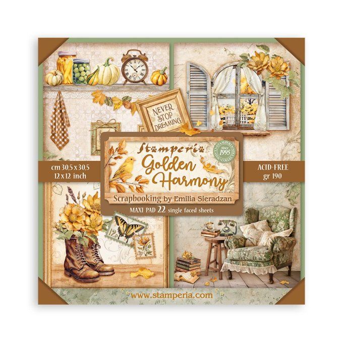 Collection Golden Harmony, 30x30cm - 22 feuilles motif recto - Stamperia - 190g