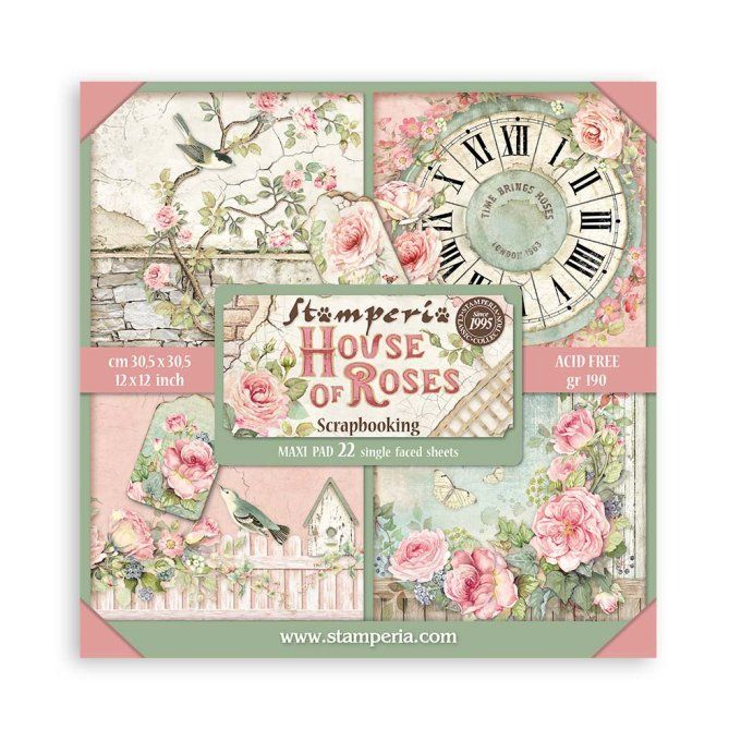 Papier scrapbooking, 30x30cm, House of roses  - Stamperia - 22 feuilles, motif recto