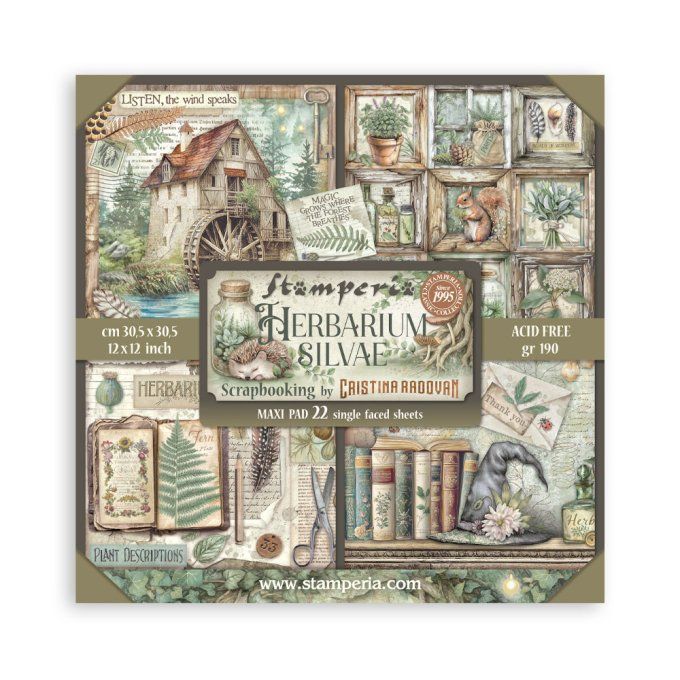 Papier scrapbooking, 30x30cm, Herbarium Silvae - Stamperia - 22 feuilles - motif recto