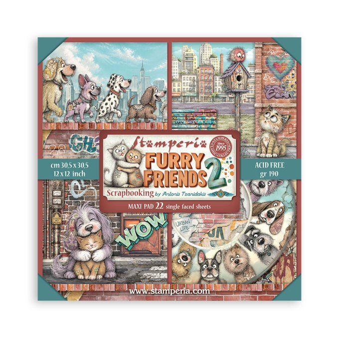 Papier scrapbooking, 30.5x30.5cm, Furry friends 2 - Stamperia - 22 feuilles - motif recto