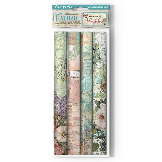 4 tissus polyester, collection : Wonderland - Stamperia - dimension : 30x30cm