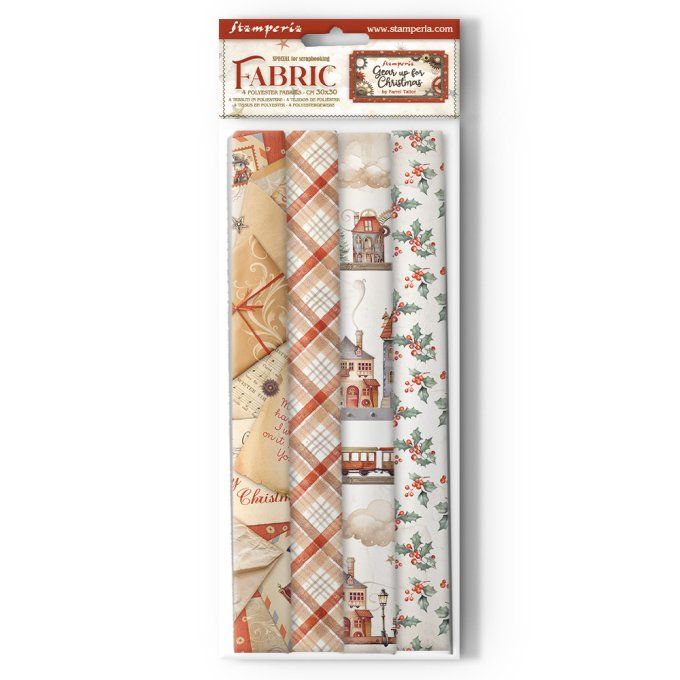 4 tissus polyester, collection : Gear up for christmas - Stamperia - dimension : 30x30cm