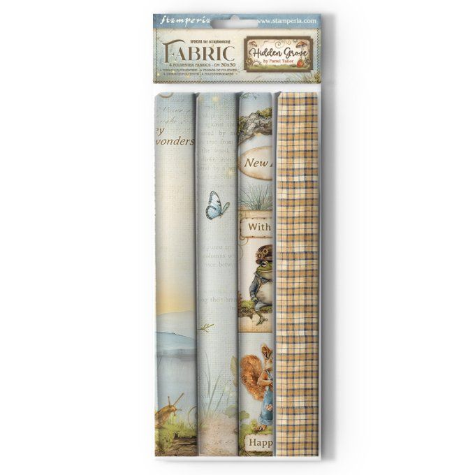 4 tissus polyester, collection : Hidden grove - Stamperia - dimension : 30x30cm 