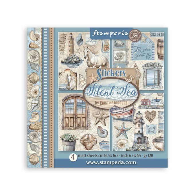 4 feuilles de stickers, dimensions 16.5x16.5cm, Silent sea, Stamperia
