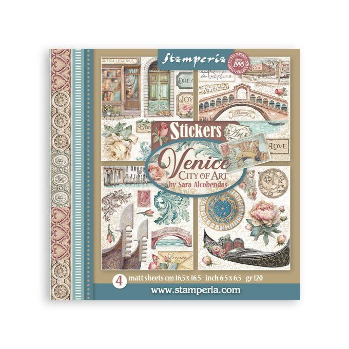 4 feuilles de stickers, dimensions 16.5x16.5cm, Venice city of art, Stamperia