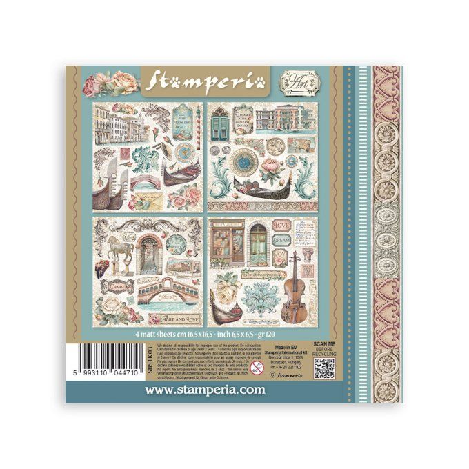 4 feuilles de stickers, dimensions 16.5x16.5cm, Venice city of art, Stamperia
