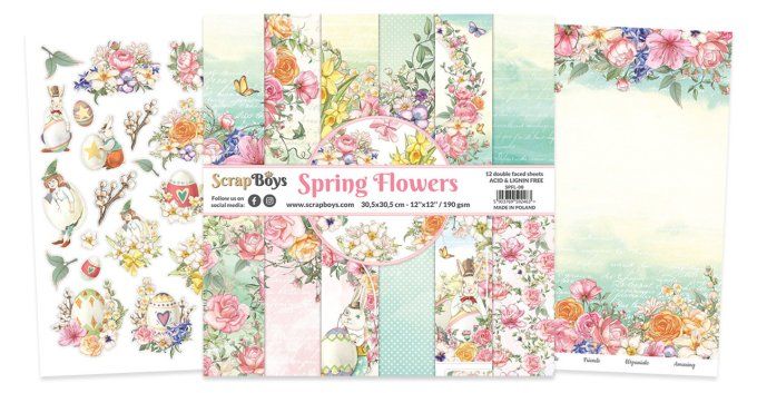 Ensemble de 12 feuilles 30x30cm, Scrapboys, Spring flowers - 190gsm 
