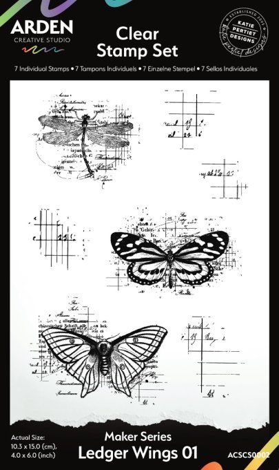7 Tampons clears, Arden creative, Ledger wings, dimension de la planche 10.5x14cm environ