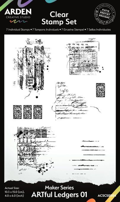 7 Tampons clears, Arden creative, Artful ledgers, dimension de la planche 10.5x14cm environ