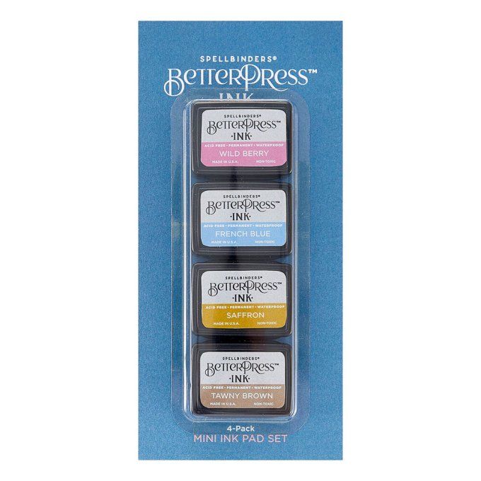 Spellbinders, Betterpress ink, 4 mini pads - tawny brown/saffron/wild berry/french blue