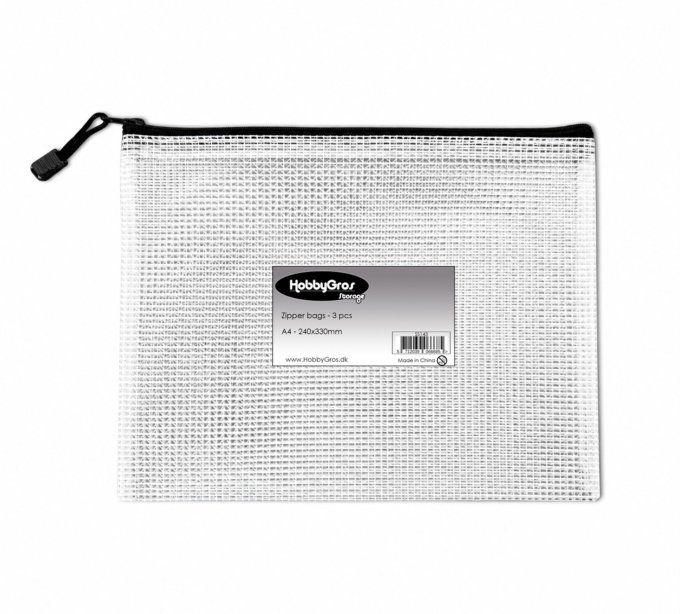 3 pochettes plastifiées de rangement zippées - Format A4, transparentes