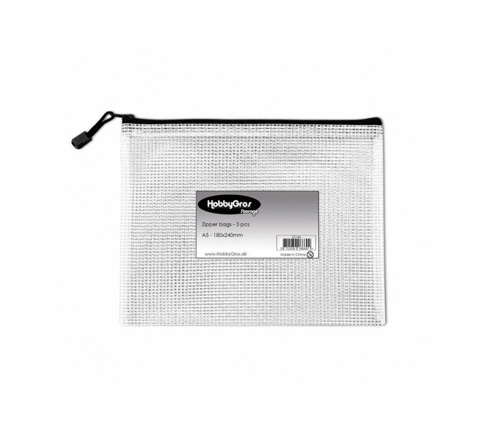 3 pochettes plastifiées de rangement zippées - Format A5, transparentes