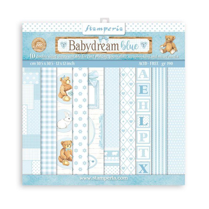 Collection Babydream blue, 20x20cm - 10 feuilles motif recto verso - Stamperia - 190g - backgrounds