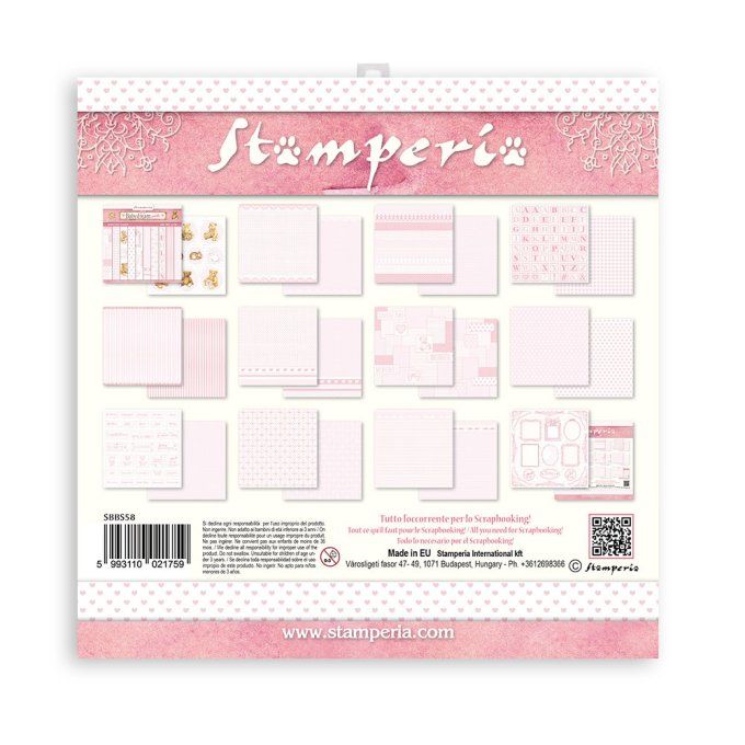 Collection Babydream pink, 20x20cm - 10 feuilles motif recto verso - Stamperia - 190g, backgrounds