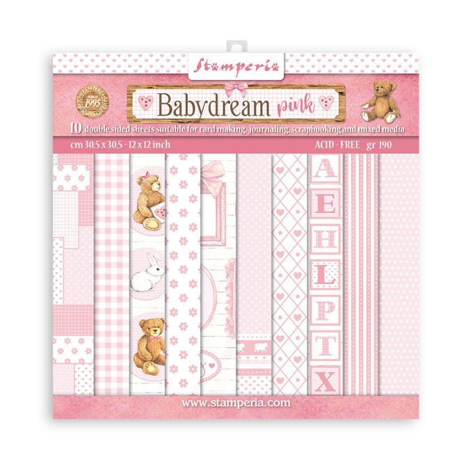 Collection Babydream pink, 20x20cm - 10 feuilles motif recto verso - Stamperia - 190g, backgrounds