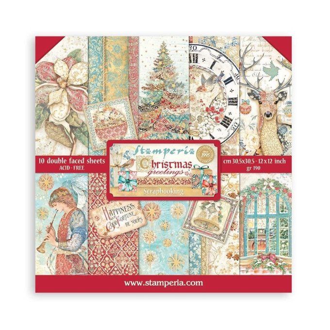 Collection Christmas greetings, 30x30cm - 10 feuilles motif recto verso - Stamperia - 190g