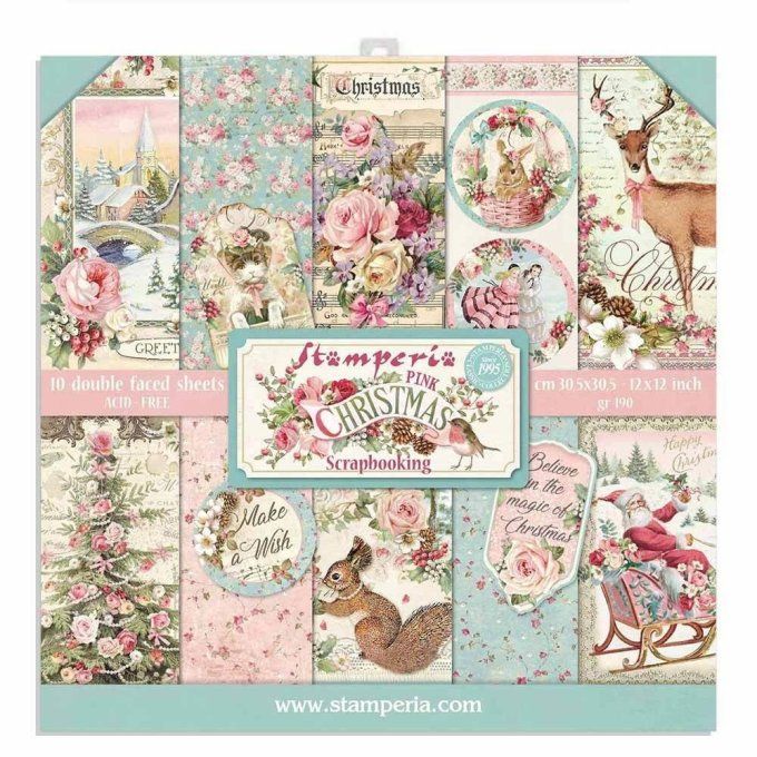 Collection Pink christmas, 30x30cm - 10 feuilles motif recto verso - Stamperia - 190g