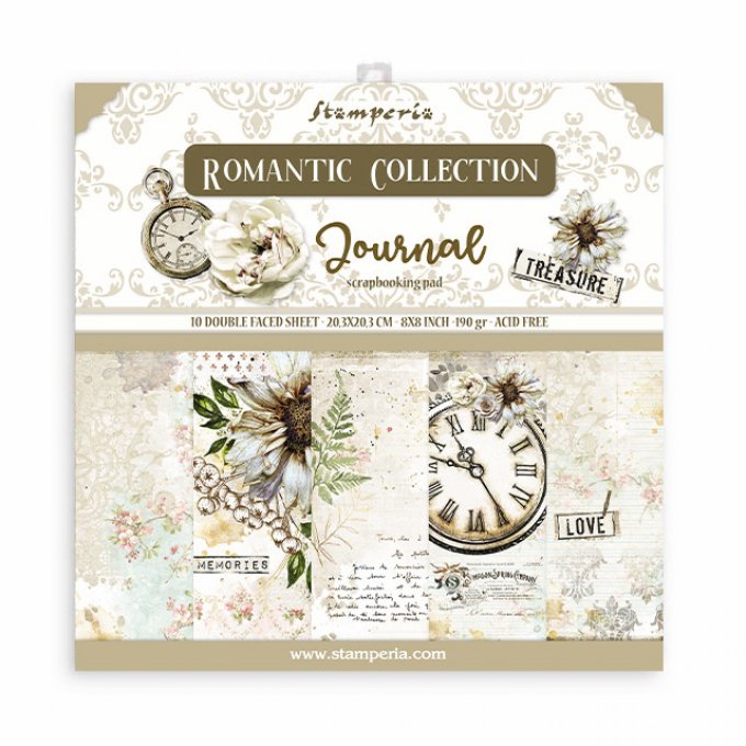 Collection Romantic journal, 20x20cm - 10 feuilles motif recto verso - Stamperia 