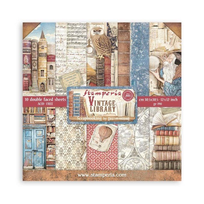 Collection Vintage library, 30x30cm - 10 feuilles motif recto verso - Stamperia - 190g