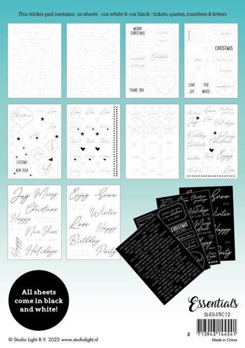 Carnet de stickers-Studio Light-20 feuilles de stickers format 14.5x21cm- noir et blanc