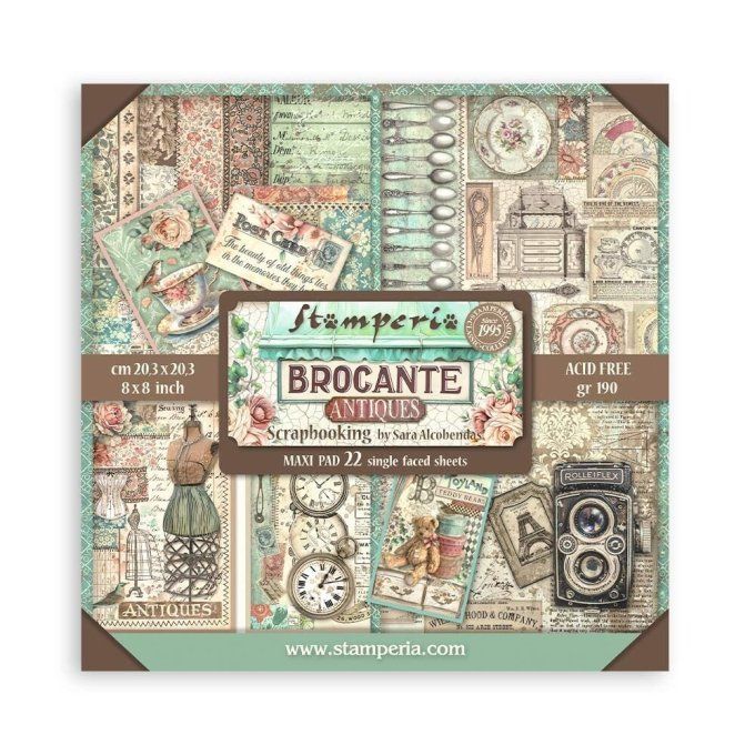 Collection Brocante antiques, 20x20cm - 22 feuilles motif recto - Stamperia - 190g 