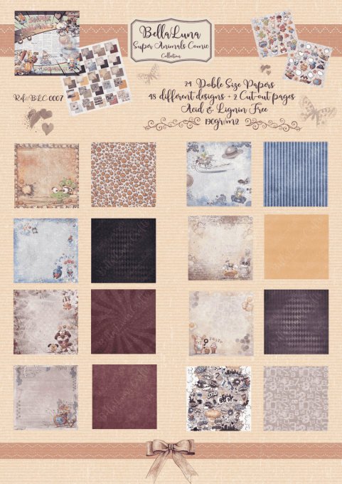 Ensemble de 24 feuilles motif recto verso, 30x30 - Super animals - BellaLuna crafts