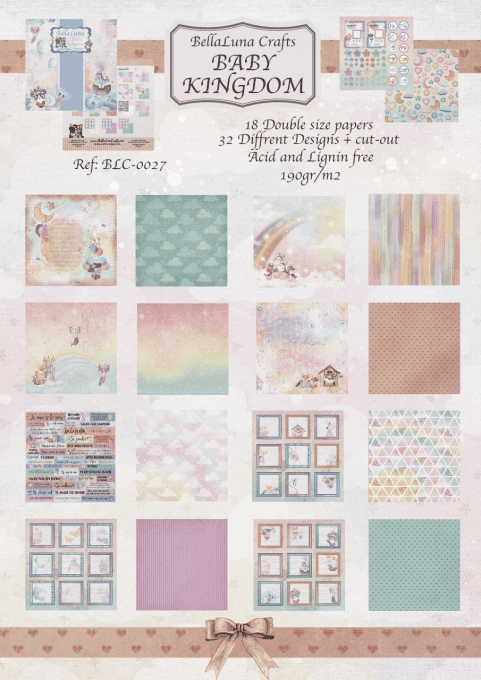 Ensemble de 18 feuilles motif recto verso, 20x20 - Baby Kingdom - BellaLuna crafts