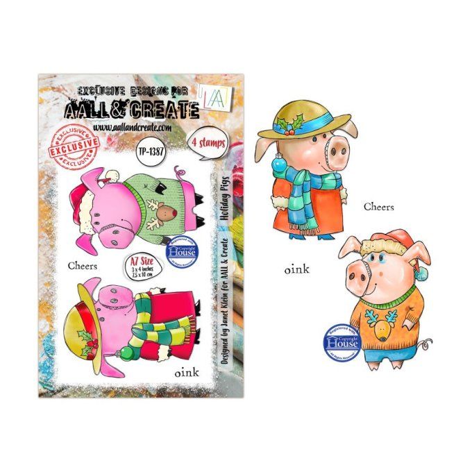 4 Tampons - AALL&Create - Holiday pigs - dim. de la planche : 7x9.5cm environ