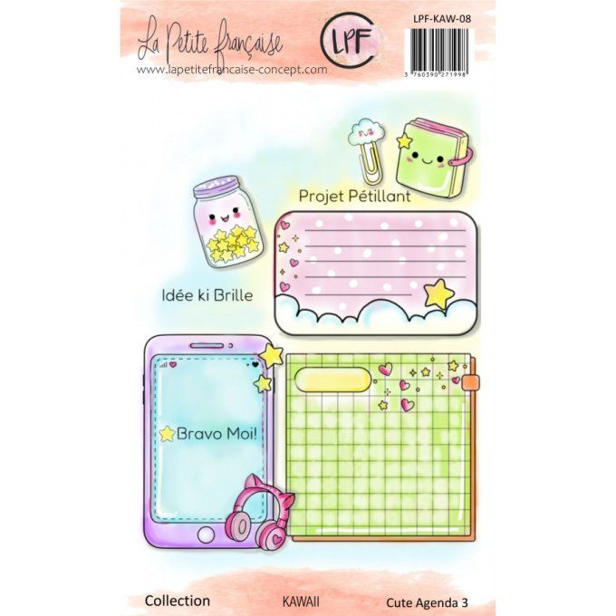 9 Tampons clears, Kawaii, Cute Agenda 3, LPF - dim. de la planche : 10x14cm environ