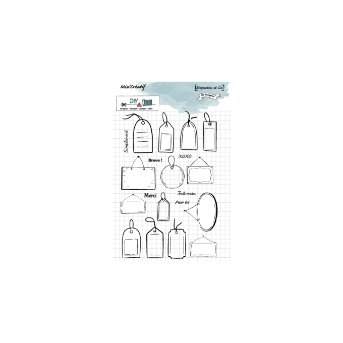 20 petits Tampons clear, DIY&, Etiquettes et cie, dim. de la planche : 11x16cm env.