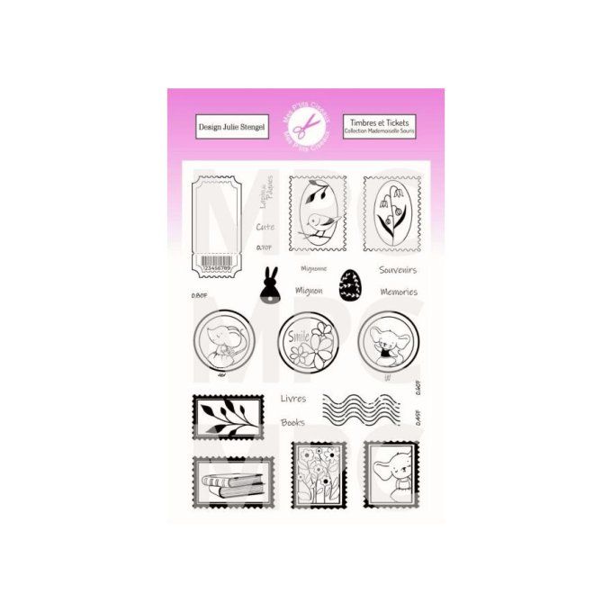 Planche de 25 petits tampons - Timbres & Tickets - dim. de la planche : 10x15cm environ
