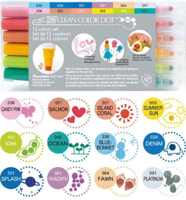 12 feutres Zig, pigment à base d'eau - color dot