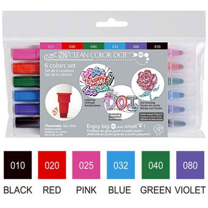 6 feutres Zig, pigment à base d'eau - color dot