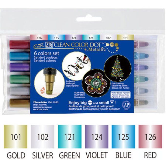 6 feutres Zig, pigment à base d'eau - color dot - Couleurs métalliques