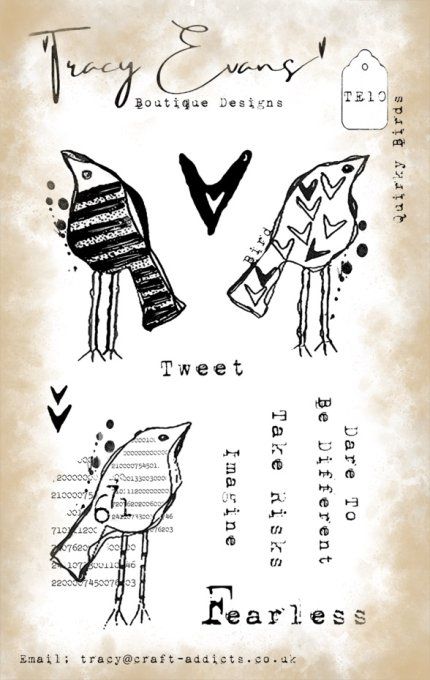 11 Tampons clears, Tracy Evans, Quirky birds, format de la planche A6