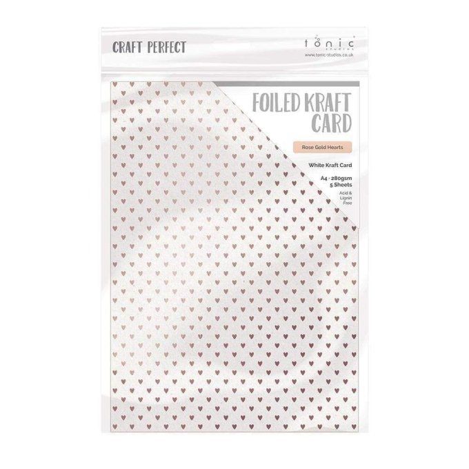 Papier texturé, craft perfect, Tonic Studio, format A4, 280g, 5 feuilles, Blanc / Rose gold hearts