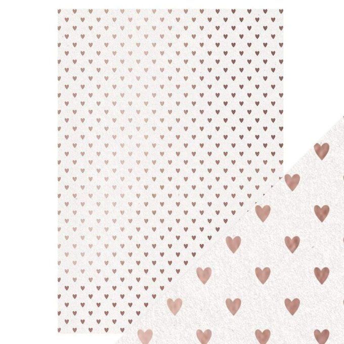 Papier texturé, craft perfect, Tonic Studio, format A4, 280g, 5 feuilles, Blanc / Rose gold hearts
