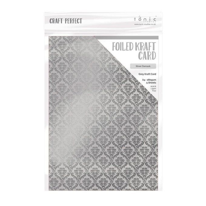 Papier texturé, craft perfect, Tonic Studio, format A4, 280g, 5 feuilles, Silver damask