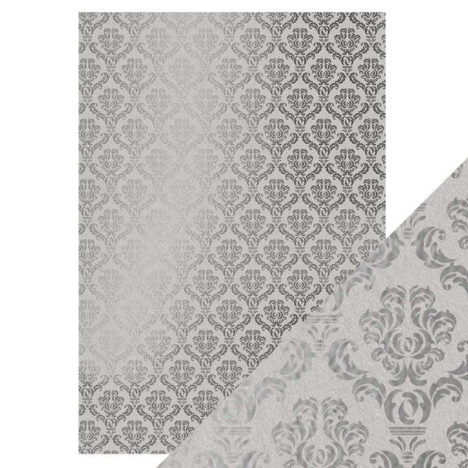 Papier texturé, craft perfect, Tonic Studio, format A4, 280g, 5 feuilles, Silver damask