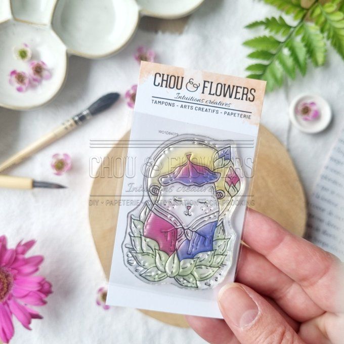 1 Tampon clear, Chou & Flowers, Doudou Zen - Dim. de la planche : 5x8cm environ