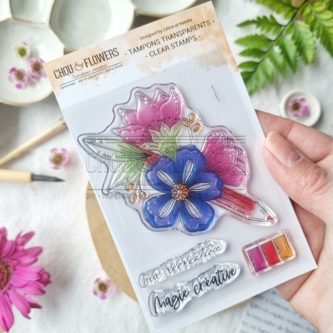 4 Tampons clears, Chou & Flowers, Crayon fleuri, Dim. de la planche :  format A7