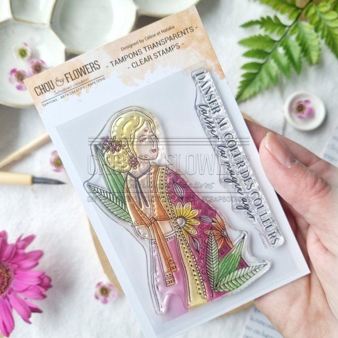 2 Tampons clears, Chou & Flowers, Fille indienne, Dim. de la planche :  format A7 