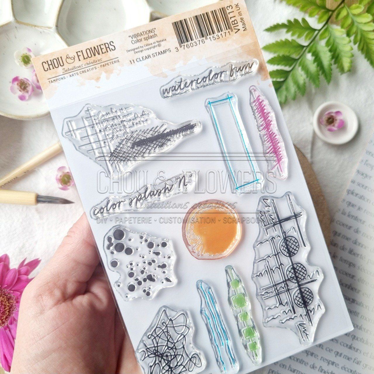 11 Tampons clears, Chou & Flowers, Color splash, Dim. de la planche : 10x15cm env., format A6 
